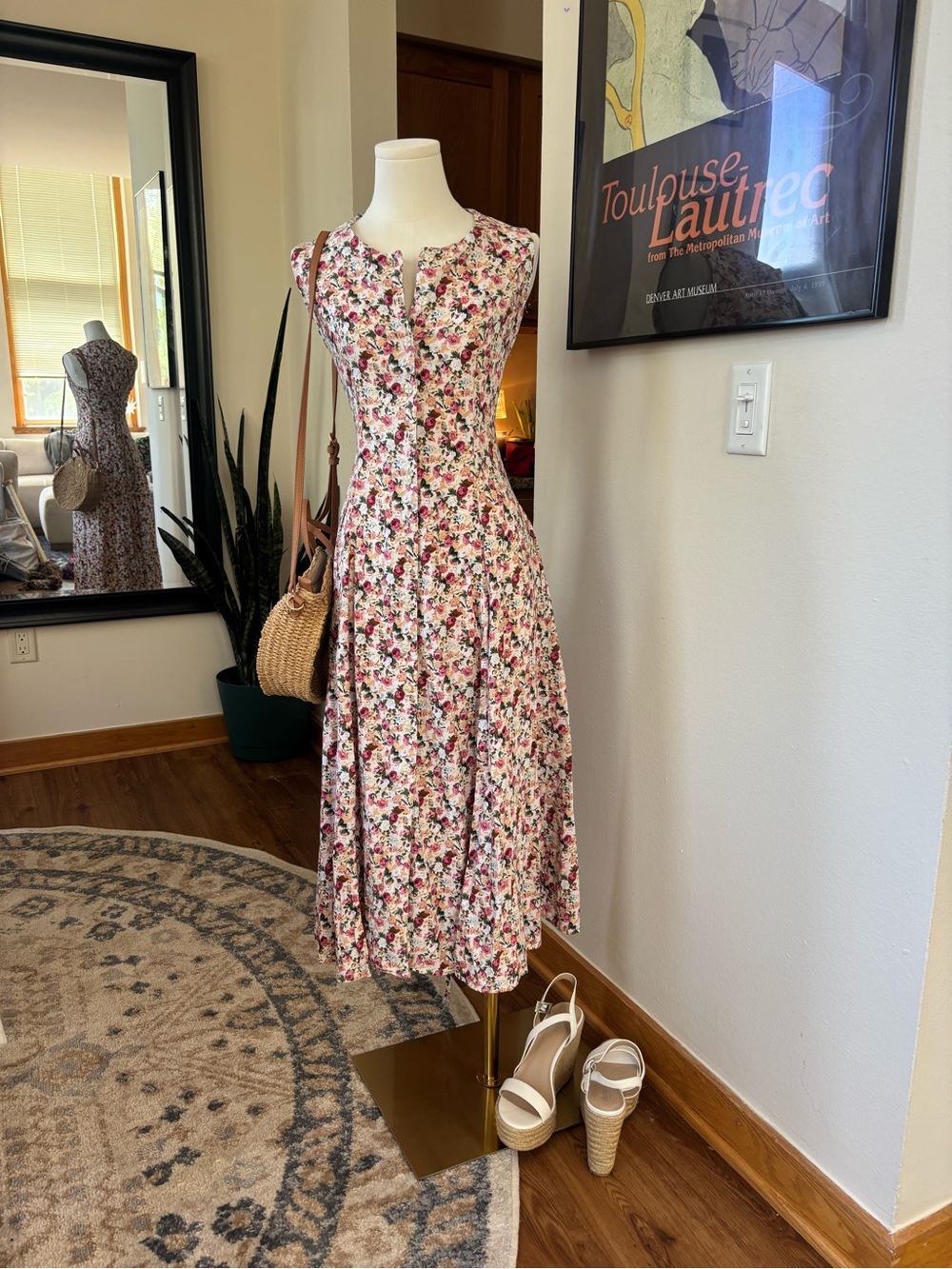 Maggy London Floral Corset Back Midi Dress Pockets Size 4